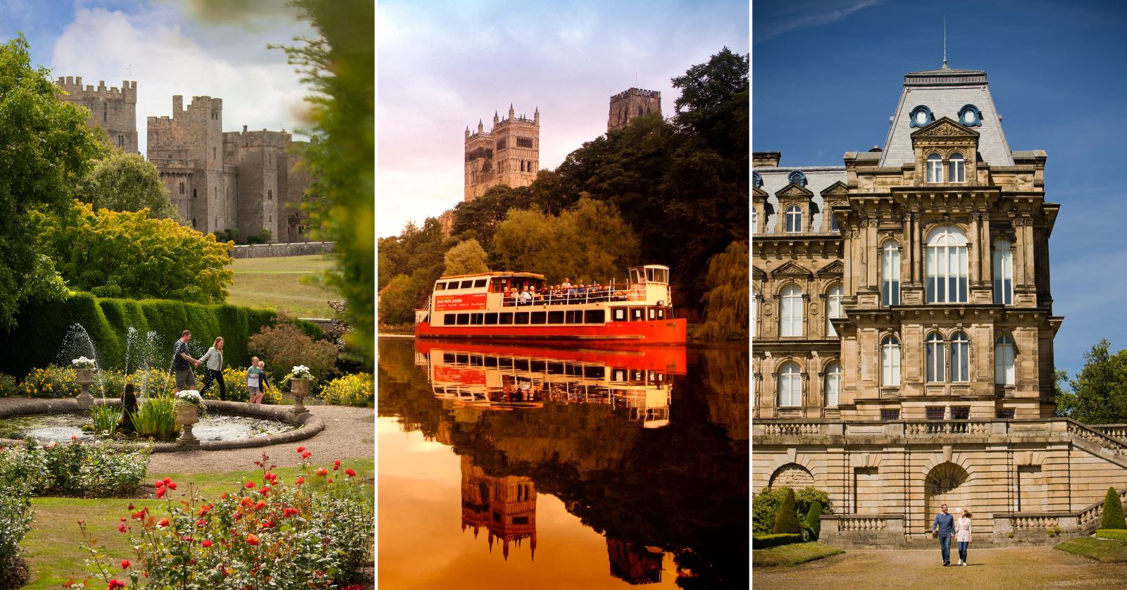 left to right - family walk through garden at Raby Castle, Prince Bishop River Cruiser and exterior shot of Bowes Museum